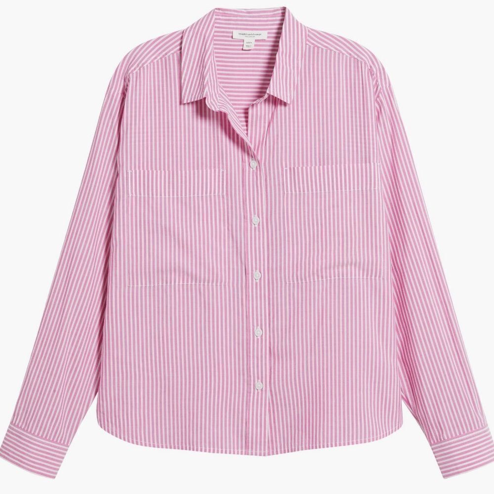Beachlunchlounge Evelynn Cotton Blend Button up in Pink and White Stripe-Small